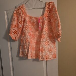Floral Eyelet Puff Sleeve Top - Orange